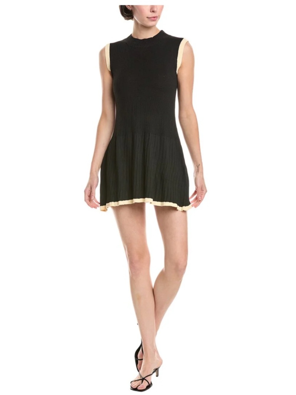 Sleeveless Black Mini Dress with Cream Trim